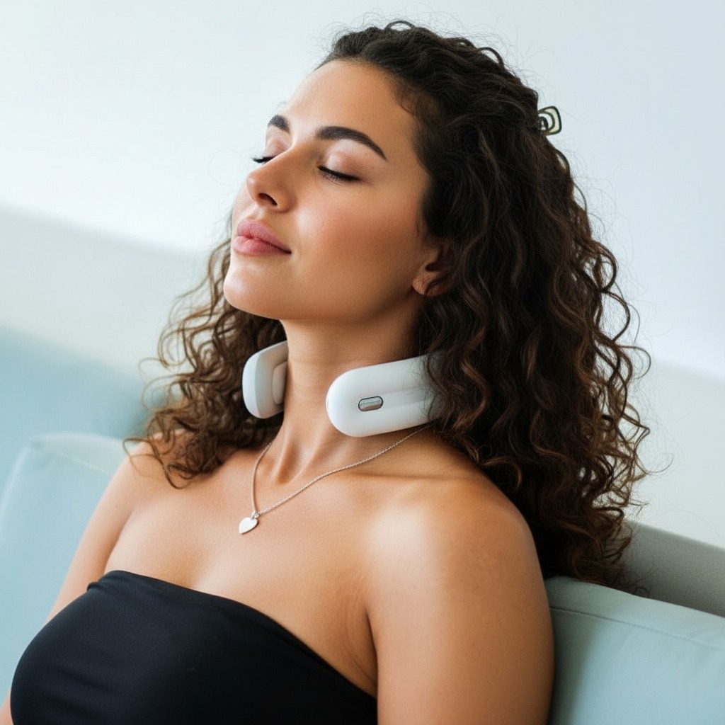 Woman using Power Arc smart neck massager to relax after stressful day