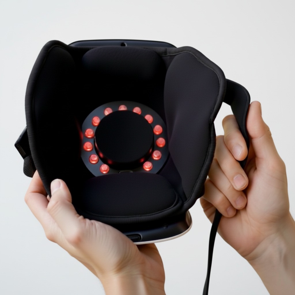 Power Arc Heated knee massager showing red light and laser therapy