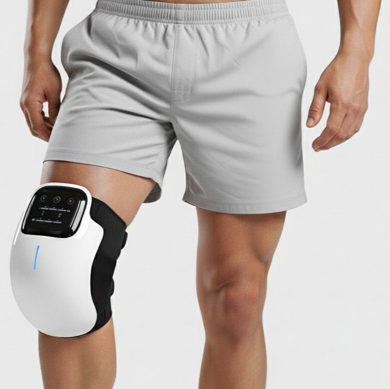 Man wearing Power Arc heated knee massager for joint pain relief and post-workout muscle recovery