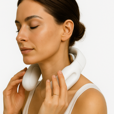 Woman using Power Arc smart neck massager for cervical pain relief and tension reduction