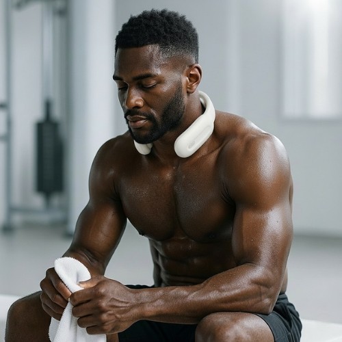 Man using heated neck massager in the gym to cooldown post-workout