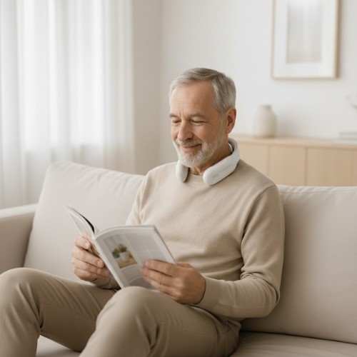 Man using heated neck massager to ease neck pain at home