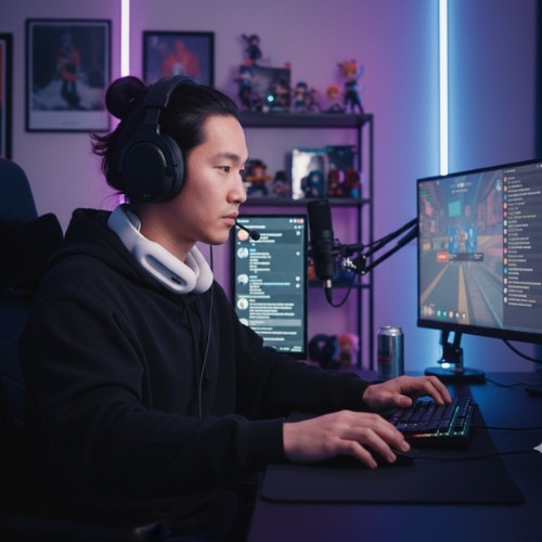 Gamer using Power Arc heated neck massager to relax ease, tension an focus